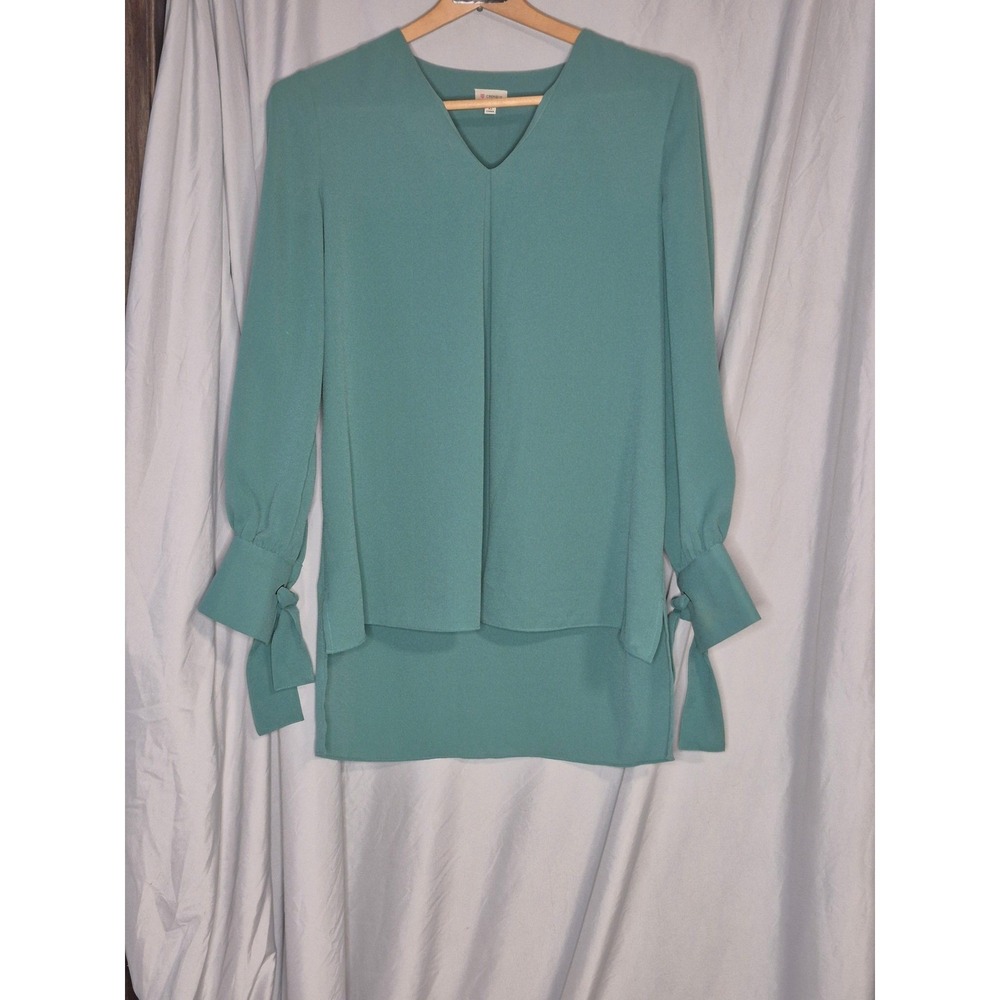 Cremieux Womens Teal Green V-Neck Tie Cuff High-Low Tunic Blouse XS